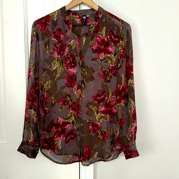 KUT from the Kloth Pink/Red Sheer Floral Chiffon Button Down Blouse - Picture 1 of 5